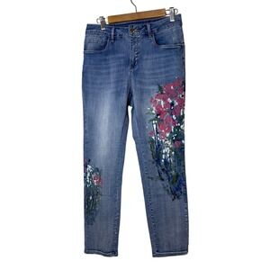 Claire Desjardins Women Jeans M Blue Painted Floral High Rise Straight Artsy